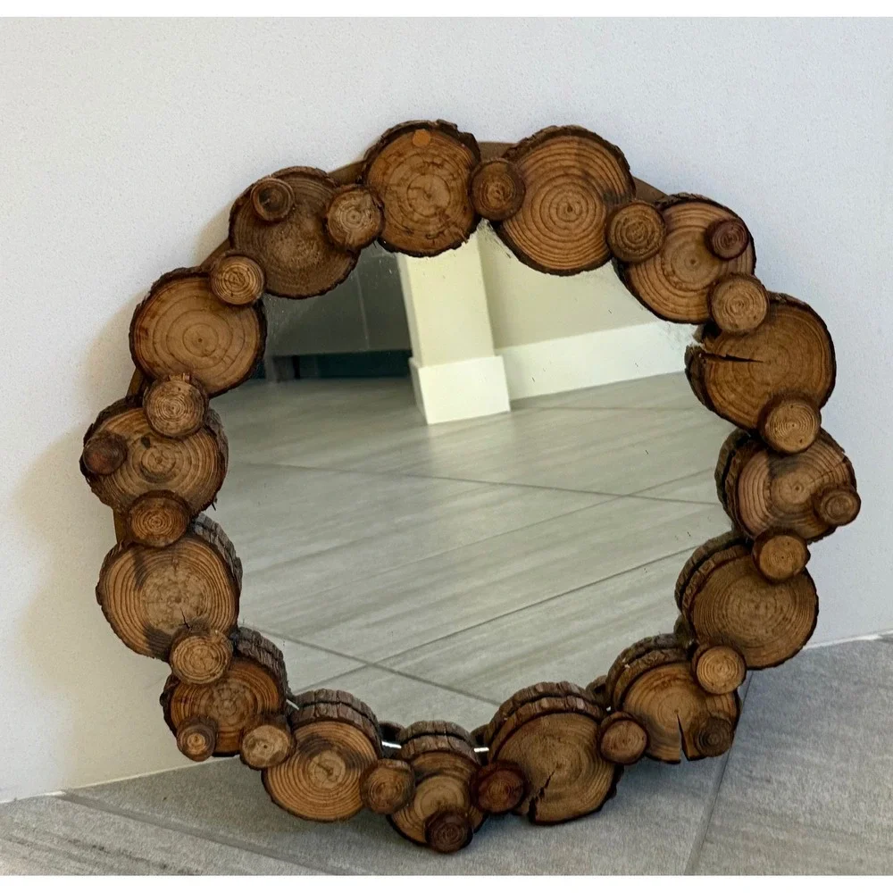Vtg Rustic Round Wall Mirror Natural Wood Log Slice Frame Tree Ring Cabin Decor